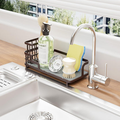 Consumest Sponge Holder for Kitchen Sink - Sink Caddy Organizer with Water Absorbing Stone Tray, Detachable Brush Holder, Stainless Steel Kitchen Counter Organizer Rack, Black