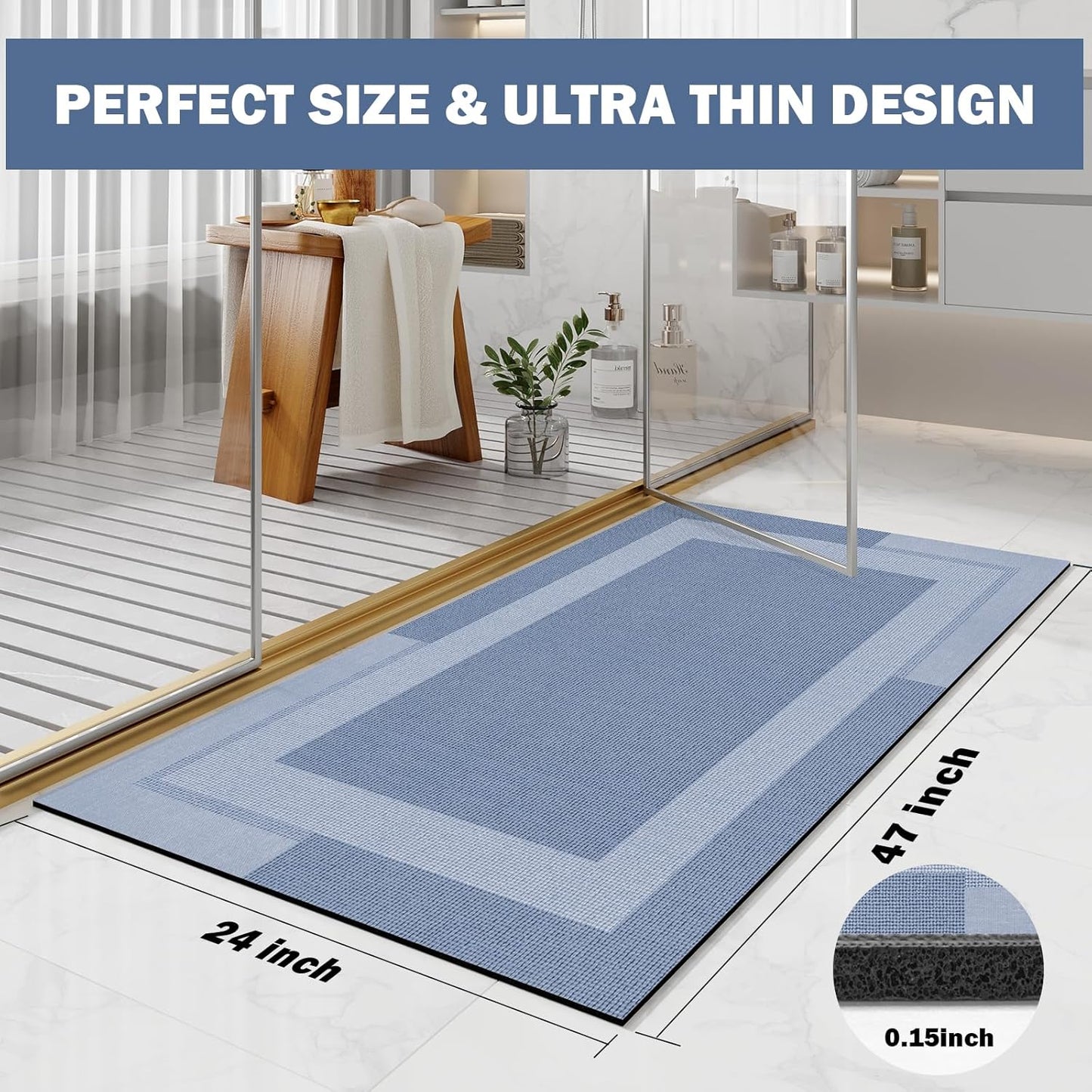 YDKGL Non Slip Bath Mat, Rubber Backing Ultra Thin Bathroom Rugs Fit Under Door Quick Dry Super Absorbent Washable Bath Rug Shower Mat for Bathroom Floor Bathtub Shower Sink, Easy Care Blue 16"x 24"