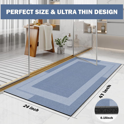 YDKGL Non Slip Bath Mat, Rubber Backing Ultra Thin Bathroom Rugs Fit Under Door Quick Dry Super Absorbent Washable Bath Rug Shower Mat for Bathroom Floor Bathtub Shower Sink, Easy Care Blue 16"x 24"