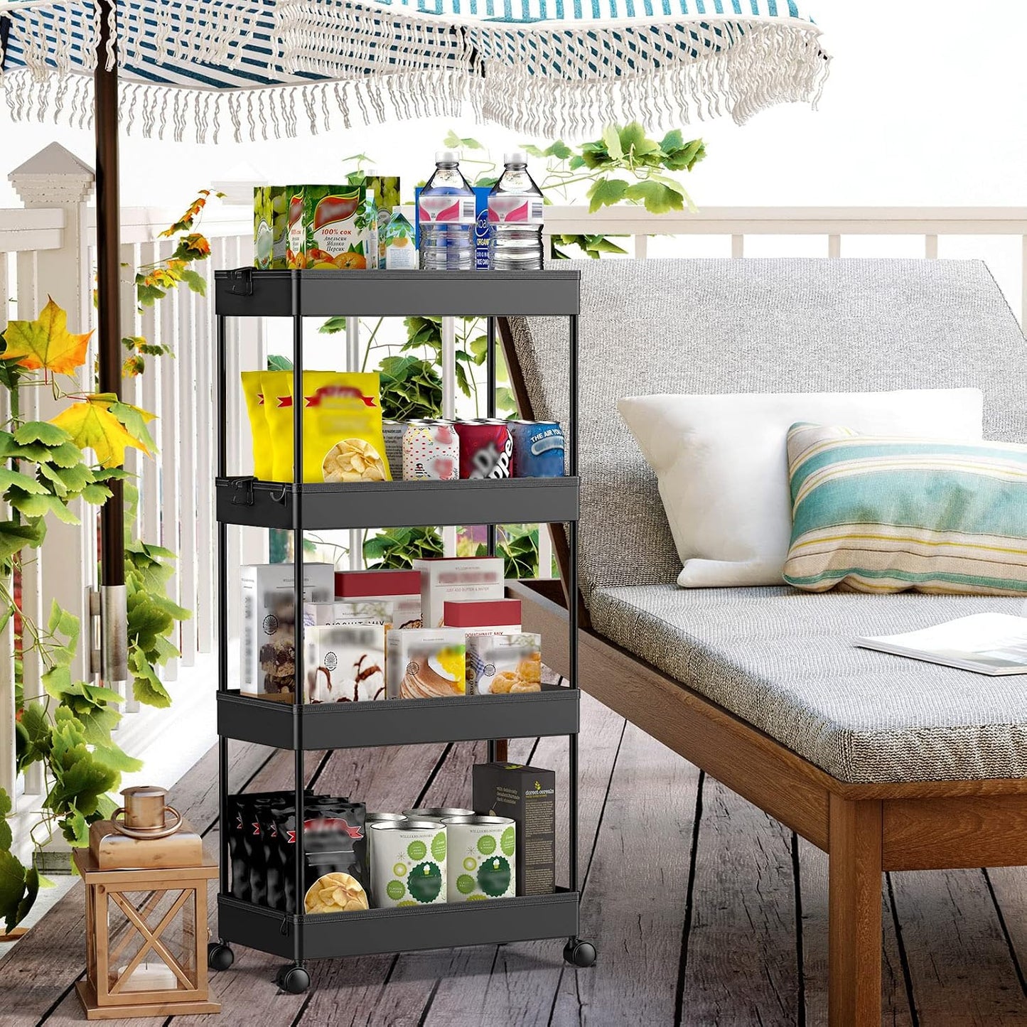 SPACEKEEPER 5-Tier Rolling Cart, Bathroom Storage Organizer Utility Cart, Mobile Shelving Unit Slide Out Shelves for Kitchen Living Room Laundry Room & Dressers, Black
