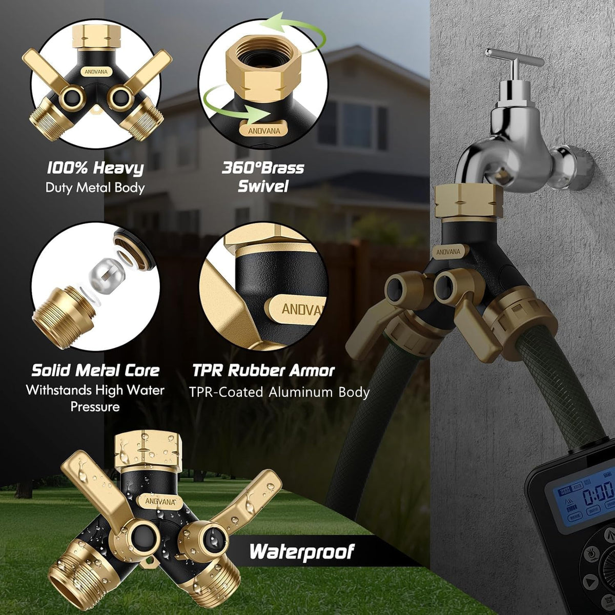 Hose Splitter 2 Way Heavy Duty, Garden Hose Splitter- Full Metal Body Y Type with Dual Shut Off Valves, 3/4" Standard Threads, Leak-Proof Dual Outlet Splitter for Sprinklers and Irrigation Systems