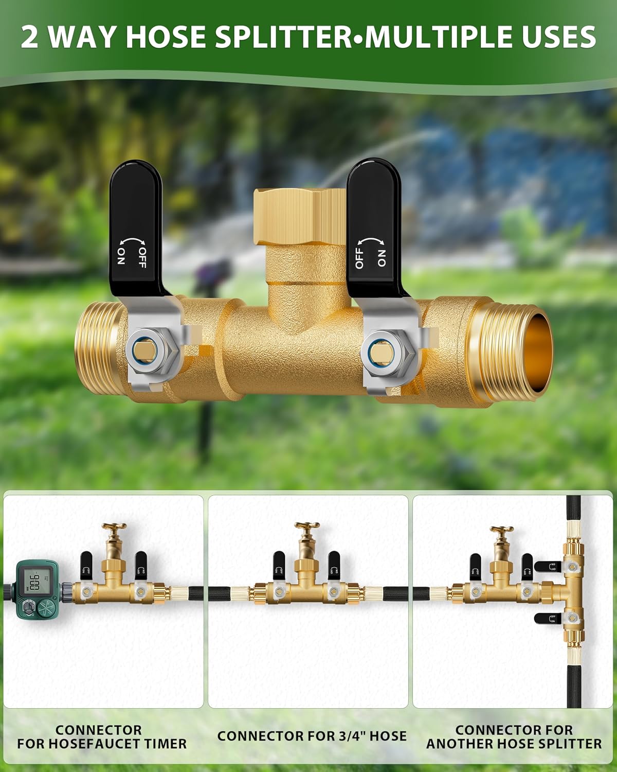 Hose Splitter 2 Way, Heavy Duty Brass Garden Hose Splitter, Water Hose Bib Spigot Splitter with 0.59" Full Flow Ball Valve Outlet & Shut-Off Valve 3/4'' Connector Outdoor Water Faucet Adapter