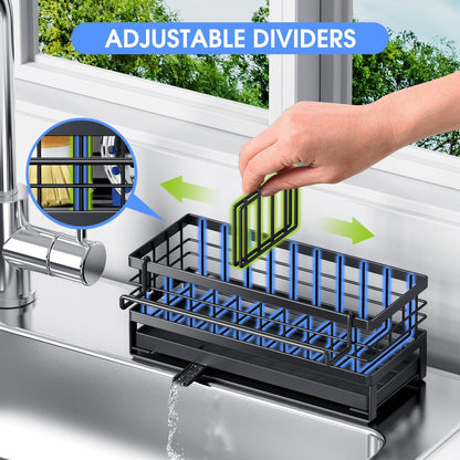 Kitchen Sink Sponge Holder, Rustproof Non-Slip Self-Draining Metal Sink Caddy with Detachable Dish Cloth Holder (Black)