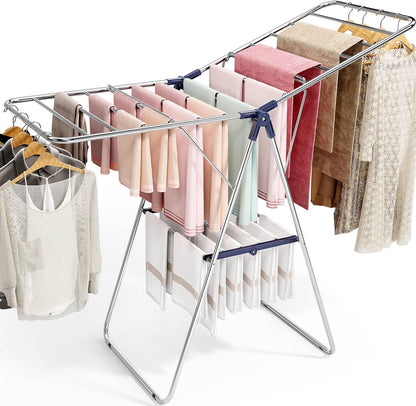 APEXCHASER Large Stainless Steel Clothes Drying Rack, Drying Rack Clothing with Height-Adjustable, Foldable Gullwings Laundry Rack, Indoor Outdoor Use, No Assembly,Black
