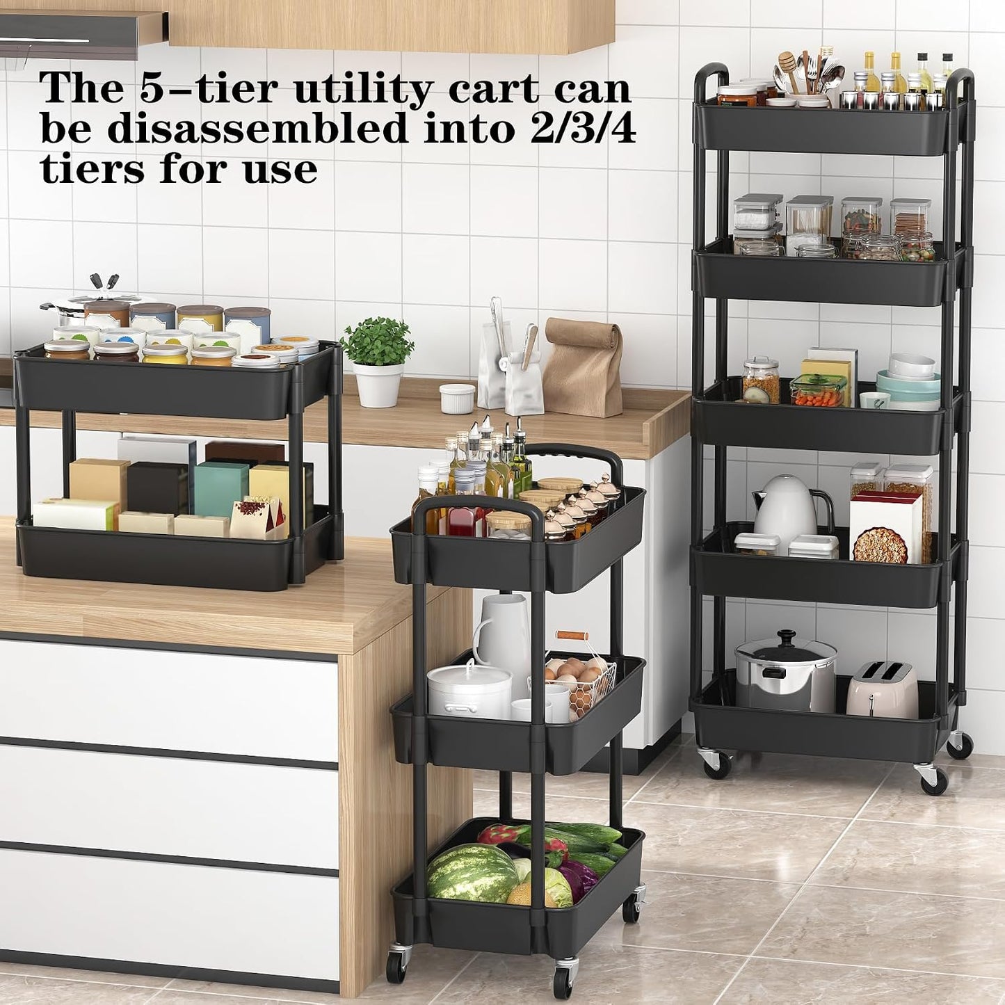 Sywhitta 4-Tier Plastic Rolling Utility Cart with Handle, Multi-Functional Storage Trolley for Office, Living Room, Kitchen, Movable Storage Organizer with Wheels, Black