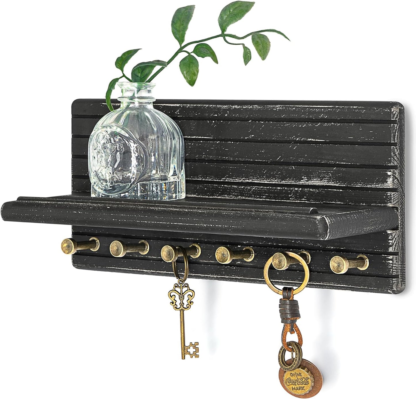 Rebee Vision Farmhouse Key Holder Wall Mount for Home Decor – Decorative Pine Wooden Key Holder for Wall with 6 Hooks & Floating Shelf - Rustic Charm for Room Decor Aesthetic (Brown)