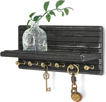 Rebee Vision Farmhouse Key Holder Wall Mount for Home Decor – Decorative Pine Wooden Key Holder for Wall with 6 Hooks & Floating Shelf - Rustic Charm for Room Decor Aesthetic (Brown)
