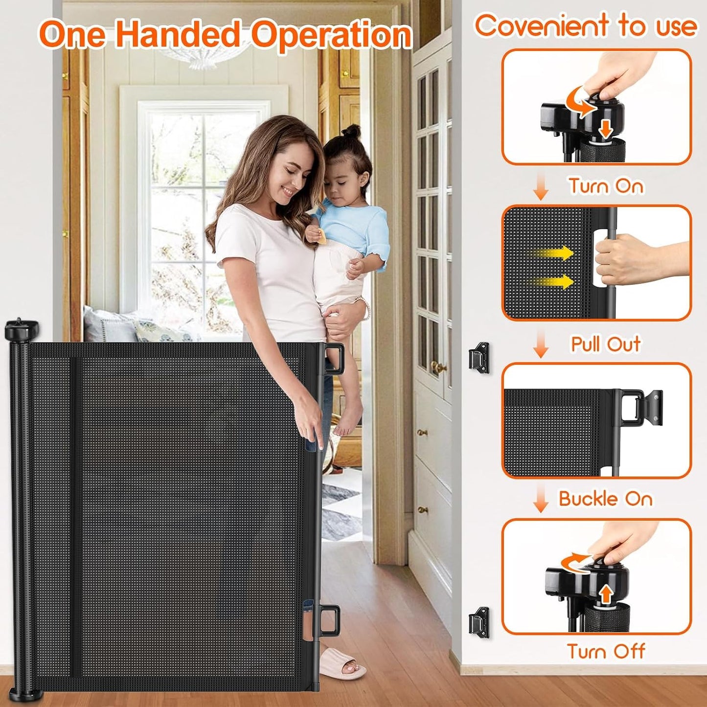 71 inch Retractable Baby Gates, EZIGO Extra Wide Baby Gate for Large Opening Extra Long Mesh Gate for Kids or Pet Dog Gate Child Safety Gate for Stairs Hallways Doorway Indoor Outdoor, Gray