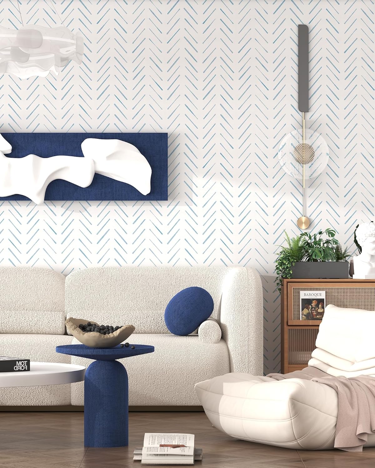 Herringbone Wallpaper Peel and Stick Wallpaper Blue and White Modern Wall paper 17.3"x78.8" Adhesive Wallpapers Boho Removable Contact Paper Decorative for Bedroom Bathroom Cabinets Decor Vinyl Roll