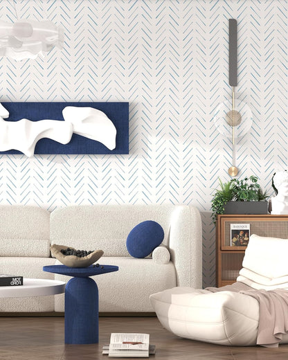 Herringbone Wallpaper Peel and Stick Wallpaper Blue and White Modern Wall paper 17.3"x78.8" Adhesive Wallpapers Boho Removable Contact Paper Decorative for Bedroom Bathroom Cabinets Decor Vinyl Roll