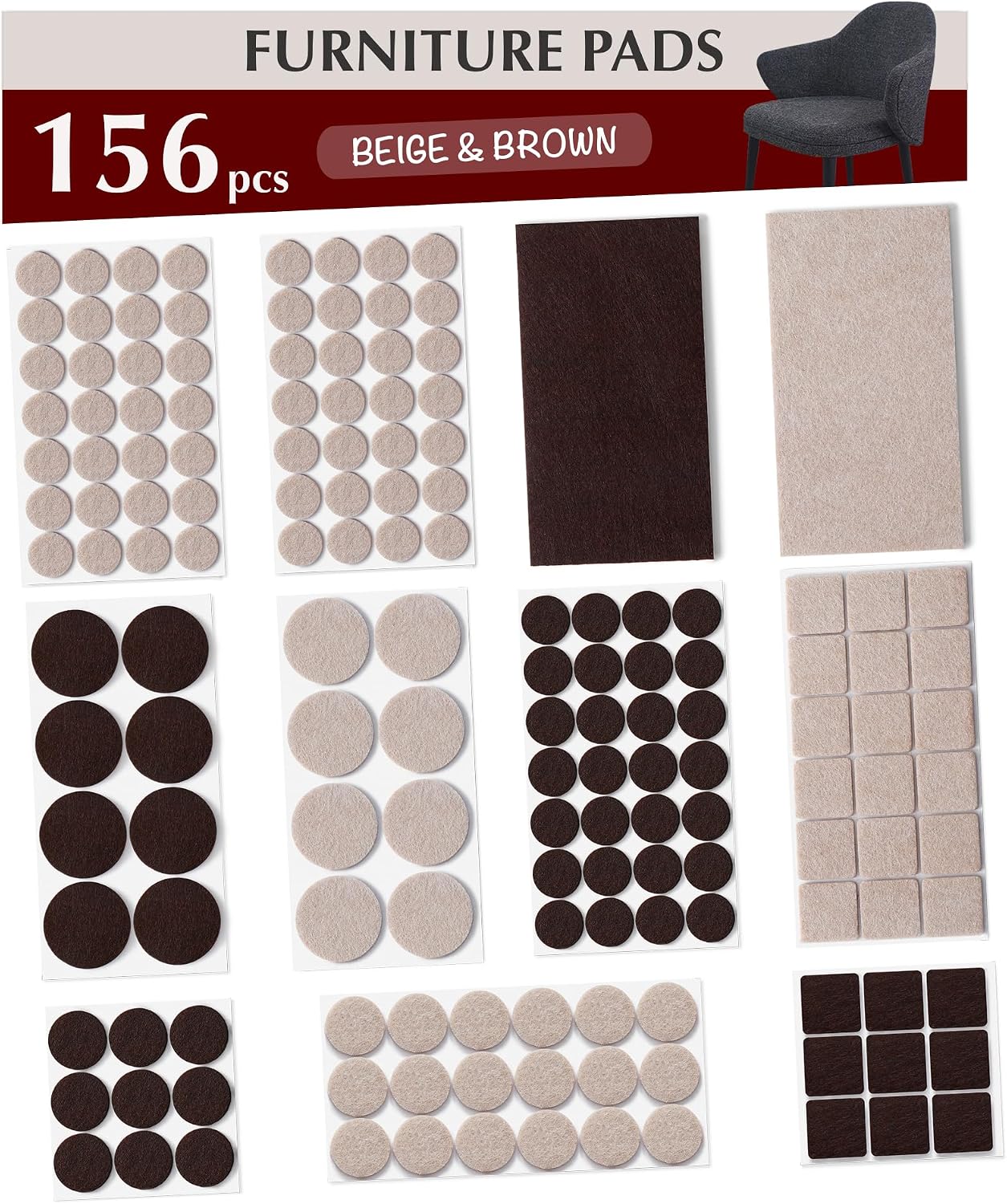 Felt Furniture Pads - Chair Leg Floor Protectors for Hardwood Floors - Felt Pads for Furniture - Furniture Sliders - Furniture Legs - 156 pcs - Black