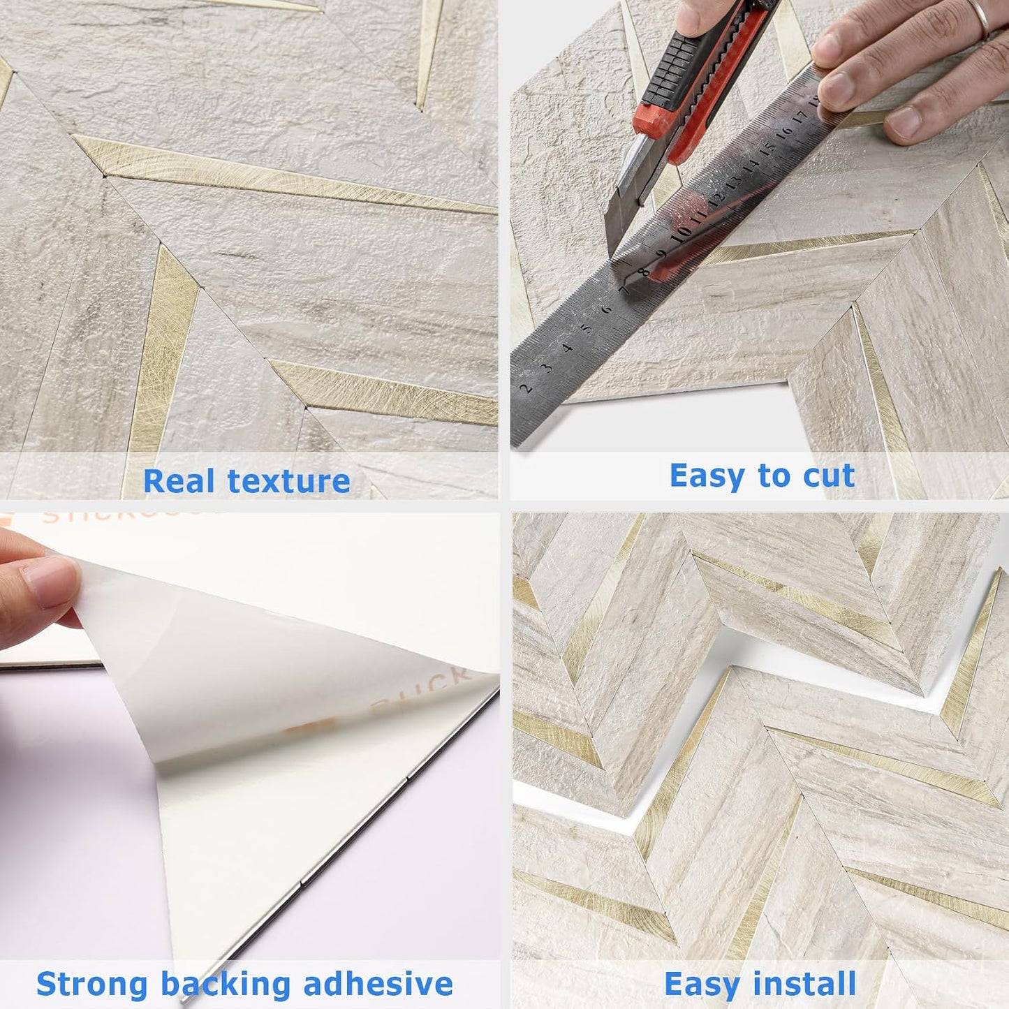 STICKGOO 10-Sheet Herringbone Tile Peel and Stick Backsplash, Beige Mixed Metal Gold PVC Stick on Backsplash, Self Adhesive Wall Tile for Kitchen and Bathroom