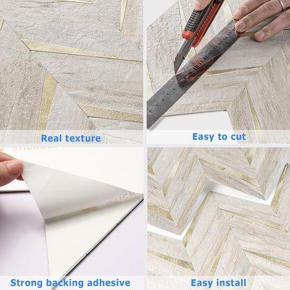 STICKGOO 10-Sheet Herringbone Tile Peel and Stick Backsplash, Beige Mixed Metal Gold PVC Stick on Backsplash, Self Adhesive Wall Tile for Kitchen and Bathroom