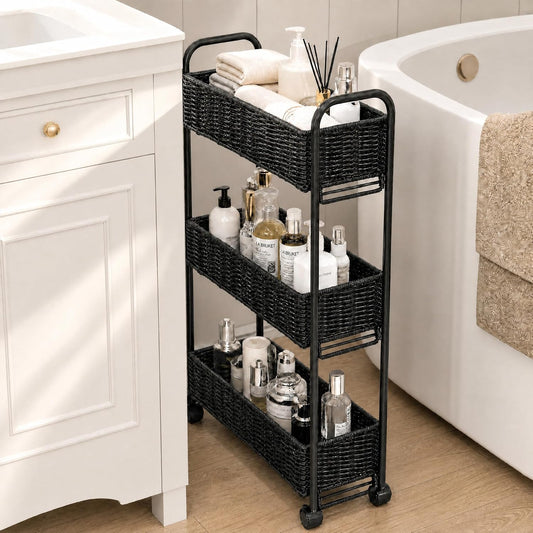 FOCHIER F Utility Slim Storage Cart,3-Tier Rolling Kitchen Office Laundry Room Cart,Mobile Shelving Unit Organizer for Living Room Bathroom Baby Diaper Narrow Places (Black, 3 Tiers-7.1 inch (W))