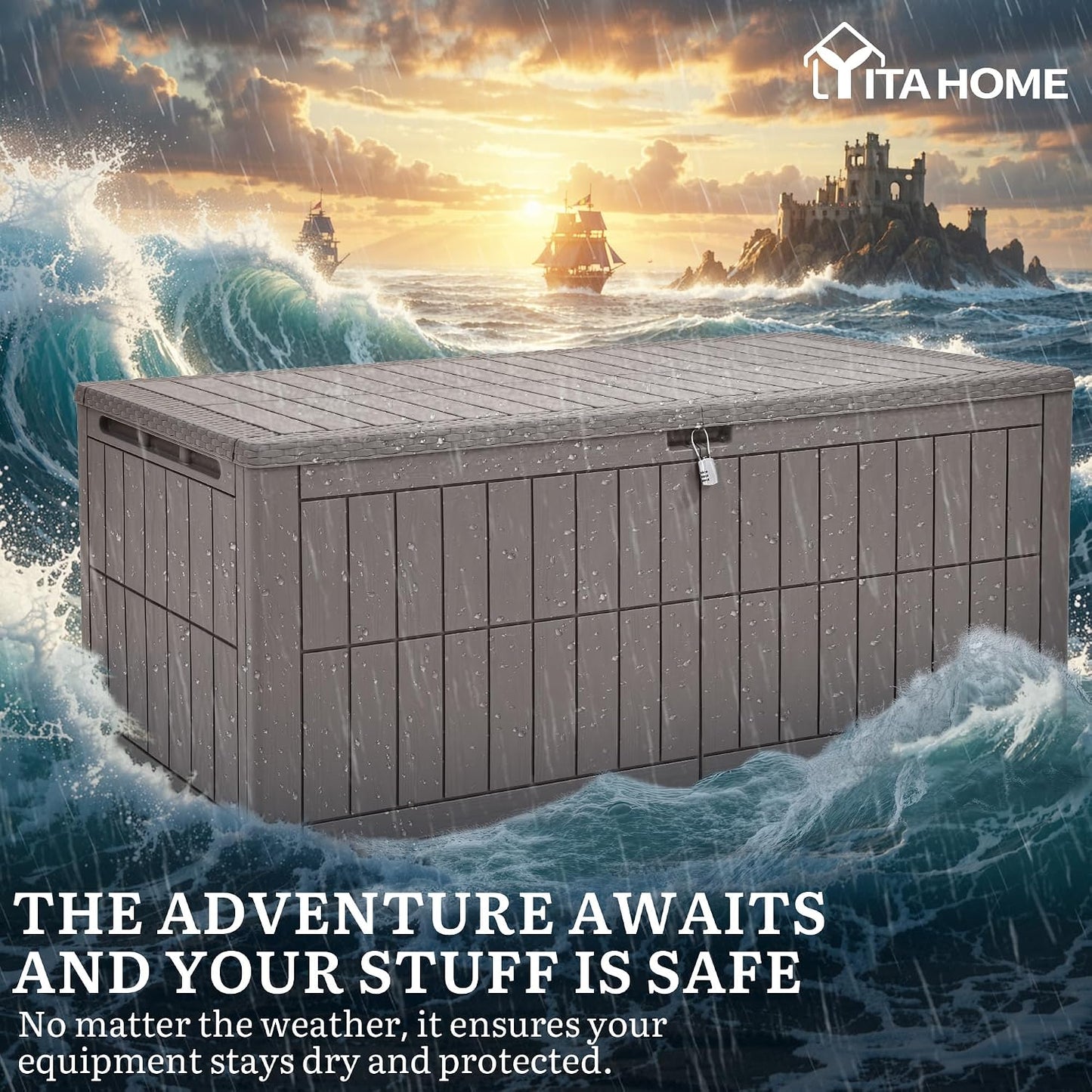 YITAHOME XL 200 Gallon Large Deck Box | Waterproof Resin Outdoor Storage Box with Lock and 3-Person Bench Seating for Patio Furniture Cushions,Garden Tools & Pool