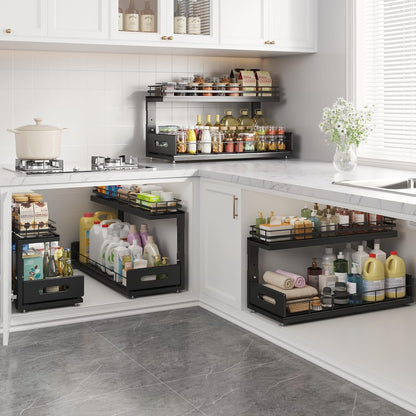 Under Sink Organizer Upgrade To Professional Rails,2-Tier Dual Pull Out Cabinet Storage,Height Adjustable Slide Out Drawers For Bathroom Kitchen,2 Pack-14.5" Dx12.8-16.9" H,White