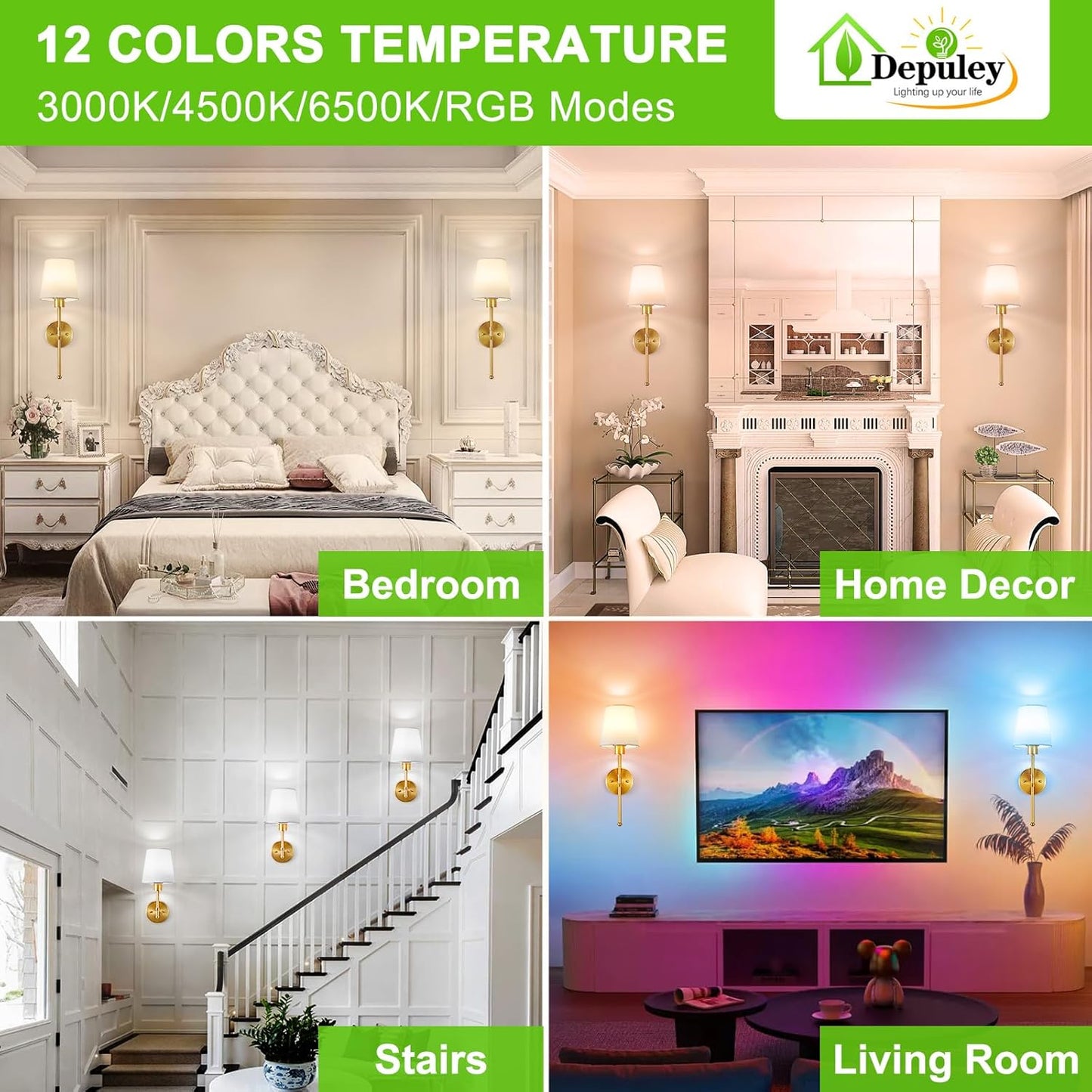 Depuley Battery Operated Wall Sconce: Set of 2 Wireless Wall Lights with 10000mAh Dimmable Bulbs and Remote for Bedroom - Rechargeable 15 Colors Gold Wall Lamp for Living Room Hallway