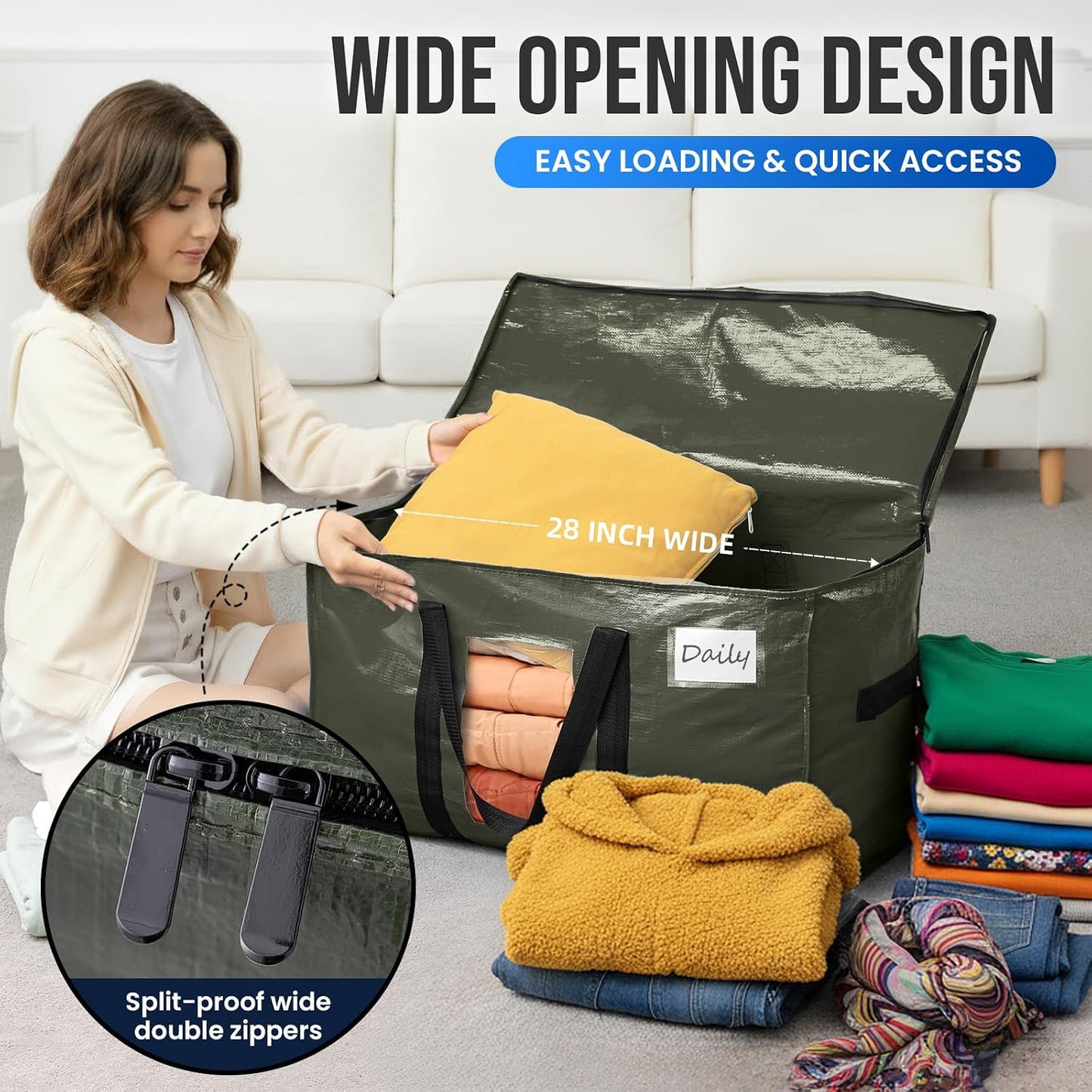 TAILI Extra Large Moving Bags, 4 Pack Blue Heavy Duty Totes For Storage with Visible Window, Wrap Around Handles, Storage Bags for Space Saving, Alternative to Moving Boxes