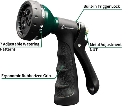 AUTOMAN Garden Hose Nozzle - 2 Pack, 100% Metal High Pressure Spray Nozzle, Labor-Saving Design, Heavy Duty for Garden Watering, Car Washing, Window Cleaning, Pets Bathing