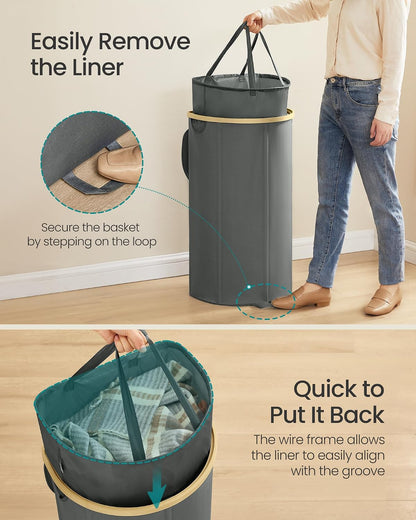 SONGMICS Laundry Hamper, Laundry Sorter with Lid, Storage Basket Bin, Removable Liners, Bamboo Frame, for Bedroom, 3 Sections, 44.9 Gal. (170 L), Ink Black ULCB533BH01