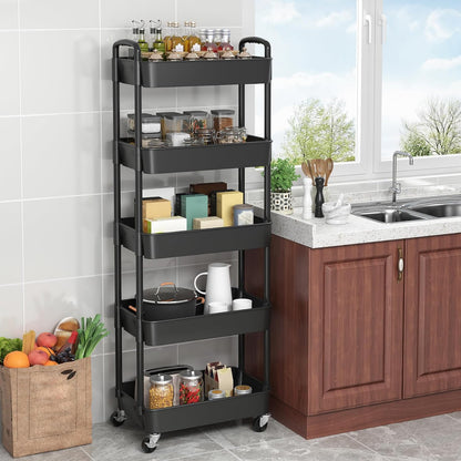 Sywhitta 4-Tier Plastic Rolling Utility Cart with Handle, Multi-Functional Storage Trolley for Office, Living Room, Kitchen, Movable Storage Organizer with Wheels, Black
