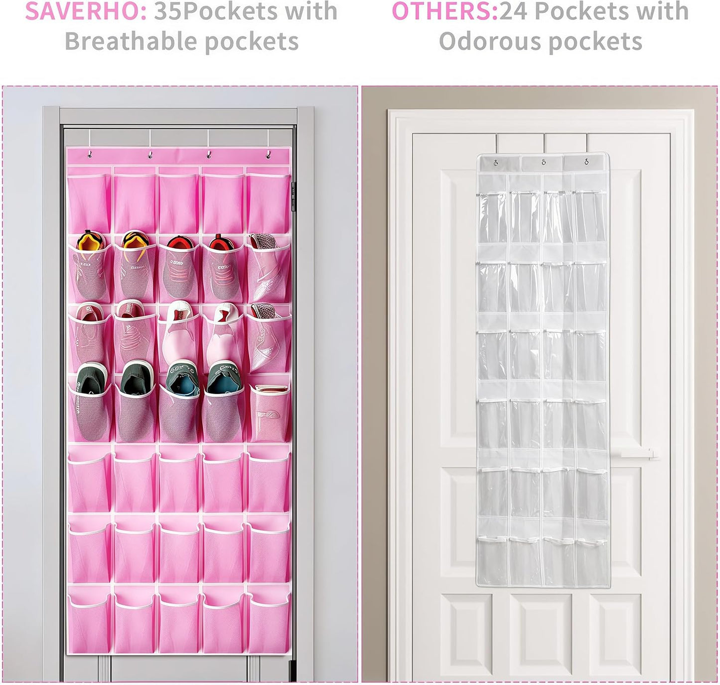 SAVERHO 35 Pockets Over the Door Shoe Organizer, Hanging Shoe Organizer for Door with 35 Mesh Pockets Large Capacity Shoe Hanging Storage Bag with 4 Metal Hooks (White-1Pack)