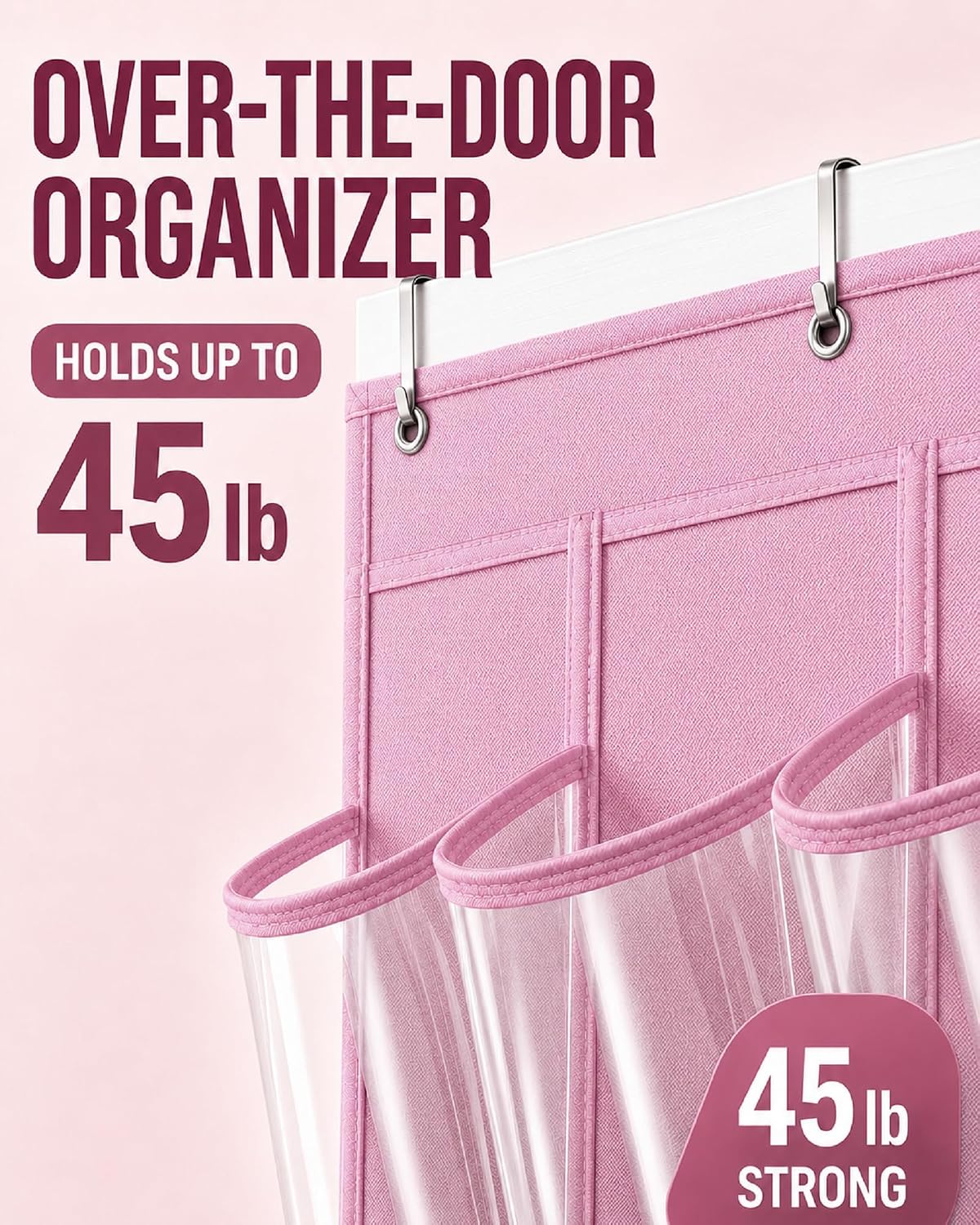 Over the Door Shoe Organizer with 24 Crystal Clear Pockets and Metal Hooks – Heavy Duty Hanging Shoe Storage Rack for Closet, Bathroom, Dorm – Space Saving for Shoes, Accessories, Toys (White)