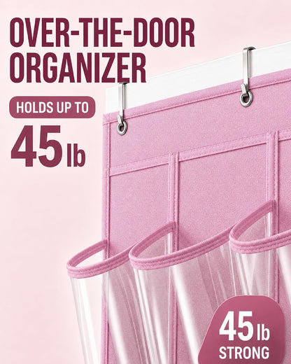 Over the Door Shoe Organizer with 24 Crystal Clear Pockets and Metal Hooks – Heavy Duty Hanging Shoe Storage Rack for Closet, Bathroom, Dorm – Space Saving for Shoes, Accessories, Toys (White)