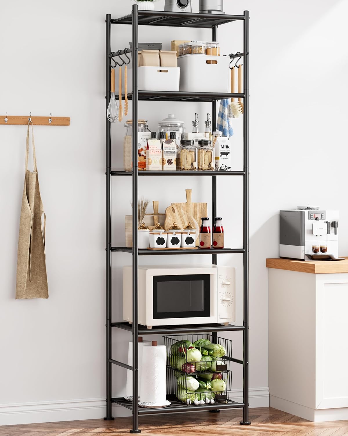 Sakugi Storage Shelves - 5-Tier Large Capacity Shelf Organizer with Hooks, Heavy-Duty Garage Shelving with Leveling Feet, Wobble-Free Rack for Bedroom, Balcony, Garage, 18.1"×12.4"×56.8", Black