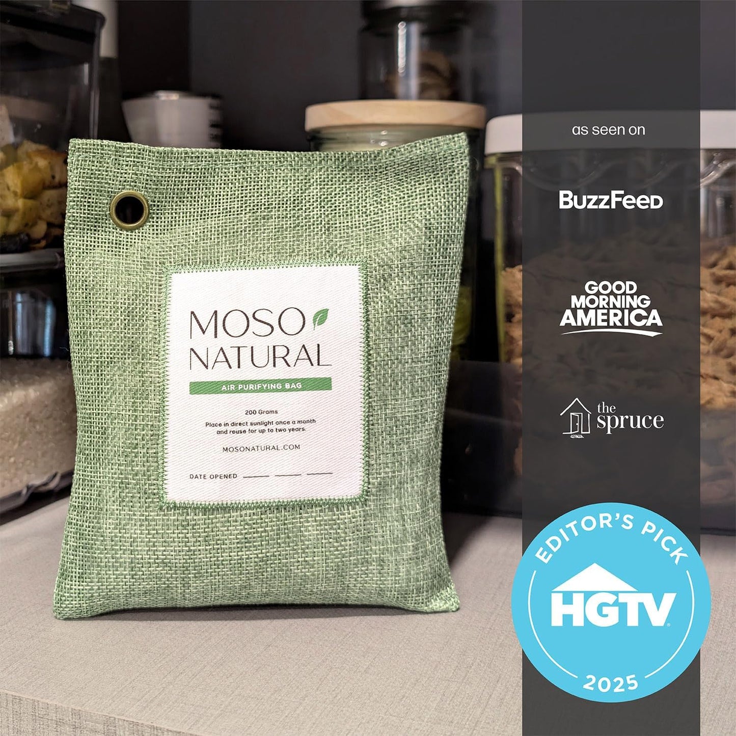 Moso Natural Air Purifying Bag 200g, Charcoal Odor Absorber, Car Odor Eliminator & Closet Deodorizer for Home & Pet, Lasts 2 Years, Unscented Bamboo Charcoal Bags, HGTV Editors' Pick (Green)
