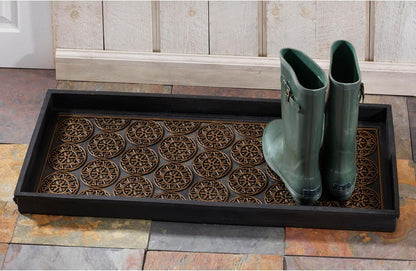 HF by LT Jasmine Premium Rubber Boot Tray, 34 x 14 inches, Heavy Duty Vulcanized Rubber Design, One-Piece Seamless Construction, Year Round Use Indoors/Outdoors, Black with Brushed Copper