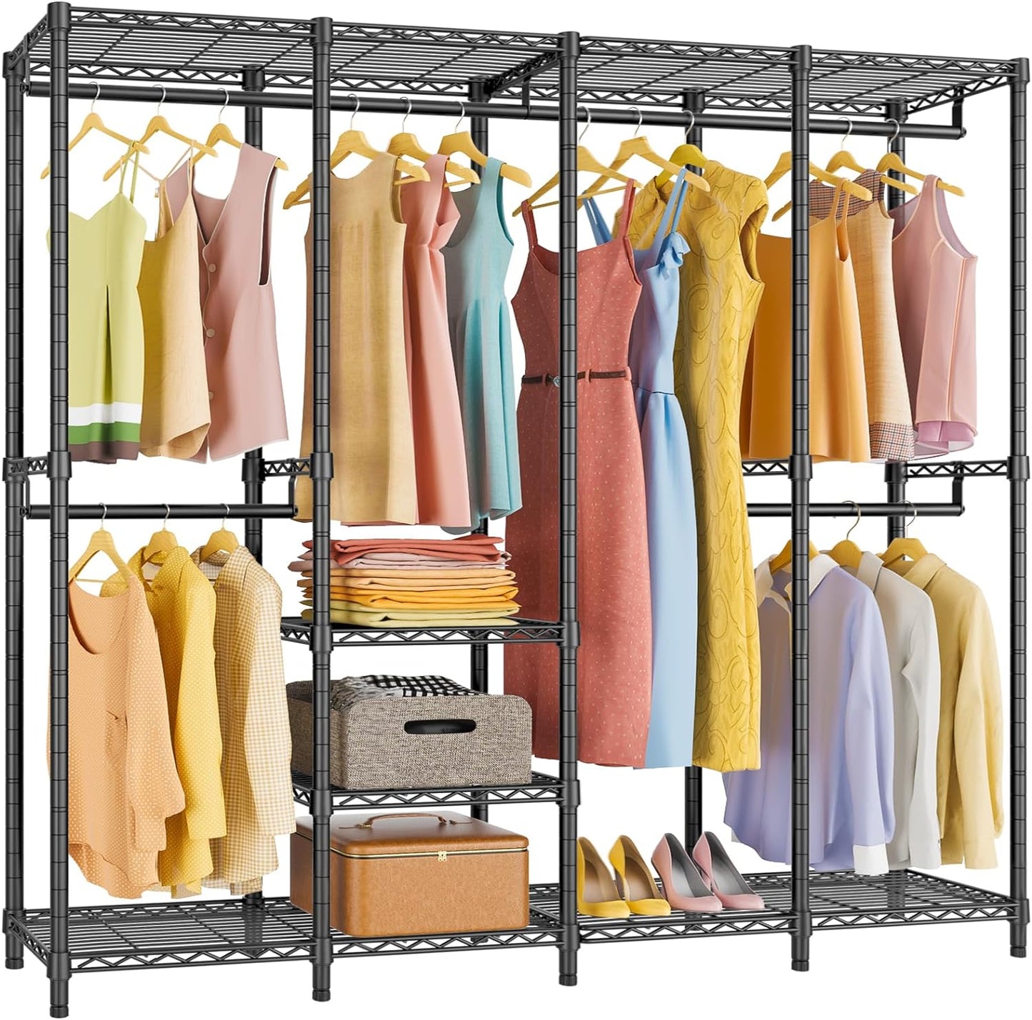 VIPEK V40 Heavy Duty Clothes Rack, 1110lbs Capacity Sturdy Metal Garment Rack, Clothing Rack with 6 Shelves & 4 Hang Rods, Adjustable Open Wardrobe Closet Organizer for Bedroom/Apartment/Retail, Black
