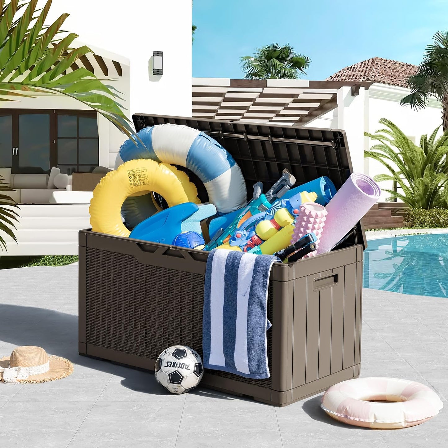 Greesum Outdoor Storage Box 31 Gallon Storage Box with Lid for Patio Furniture, Garden Tools, Pool Supplies, Waterproof and UV Resistant, Lockable, Dark Black