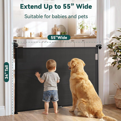 Babepai Retractable Baby Gates for Stairs, Retractable Dog Gate for Indoor/Outdoor Use | Child Gates for Doorways, Deck, Porch, Hallways, Patio (White, 55" Wide 34" Height)