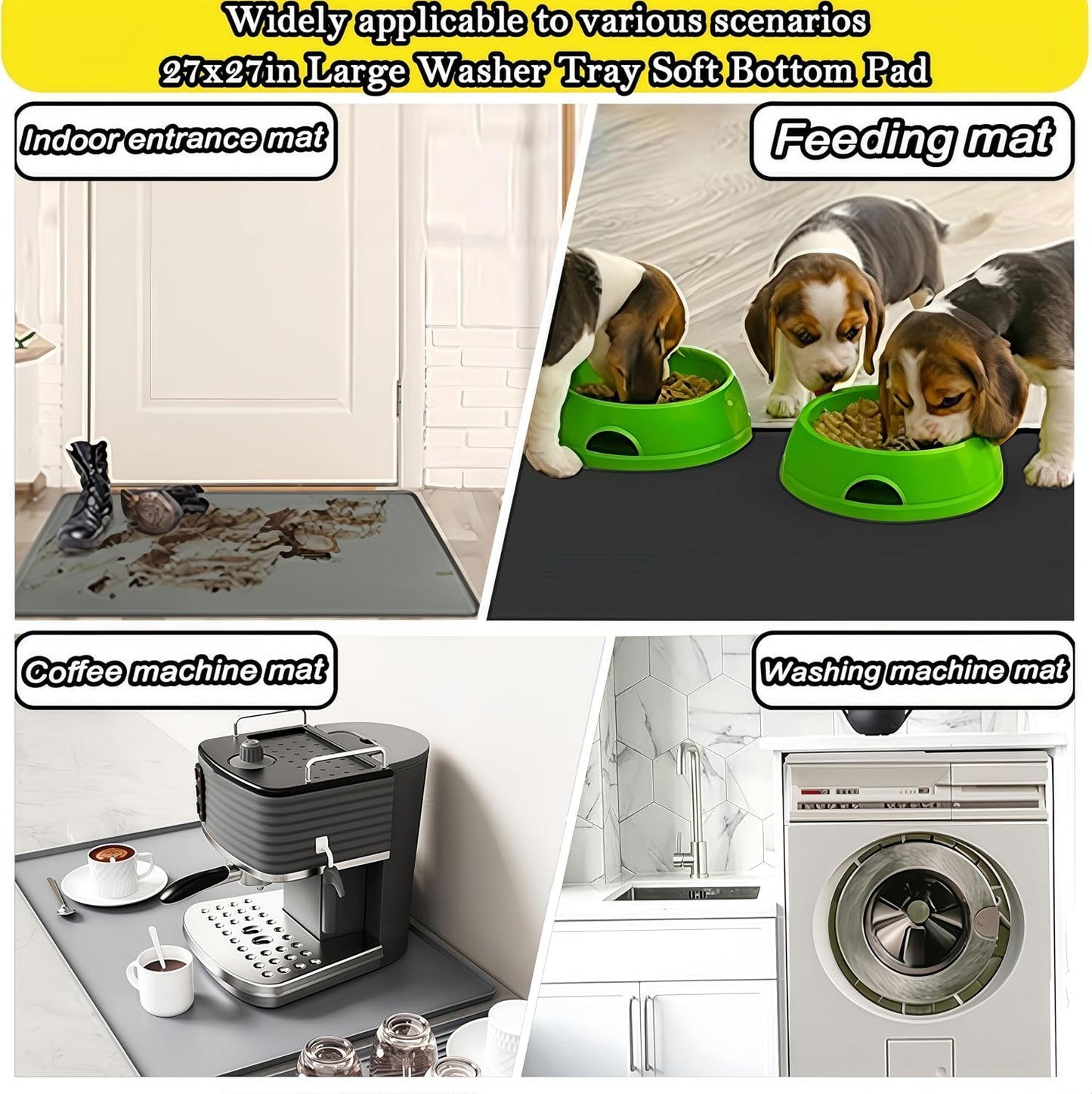 27×27inch Washer Drain Pan Silicone Mat, With Raised Edge Washing Machine Silicone Mat, Multi-function Non Slip, Soft Foldable Portable Waterproof Pad（grey）