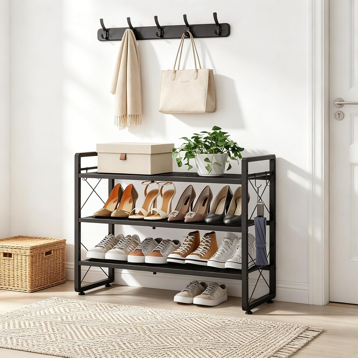 ELYKEN Shoe Rack, 2-Tier Expandable Shoe Organizer for Closet, Metal Black Shoe Shelf with 4 Hooks, Adjustable Shoe Stand Holder for Entryway, Garage, Door Entrance