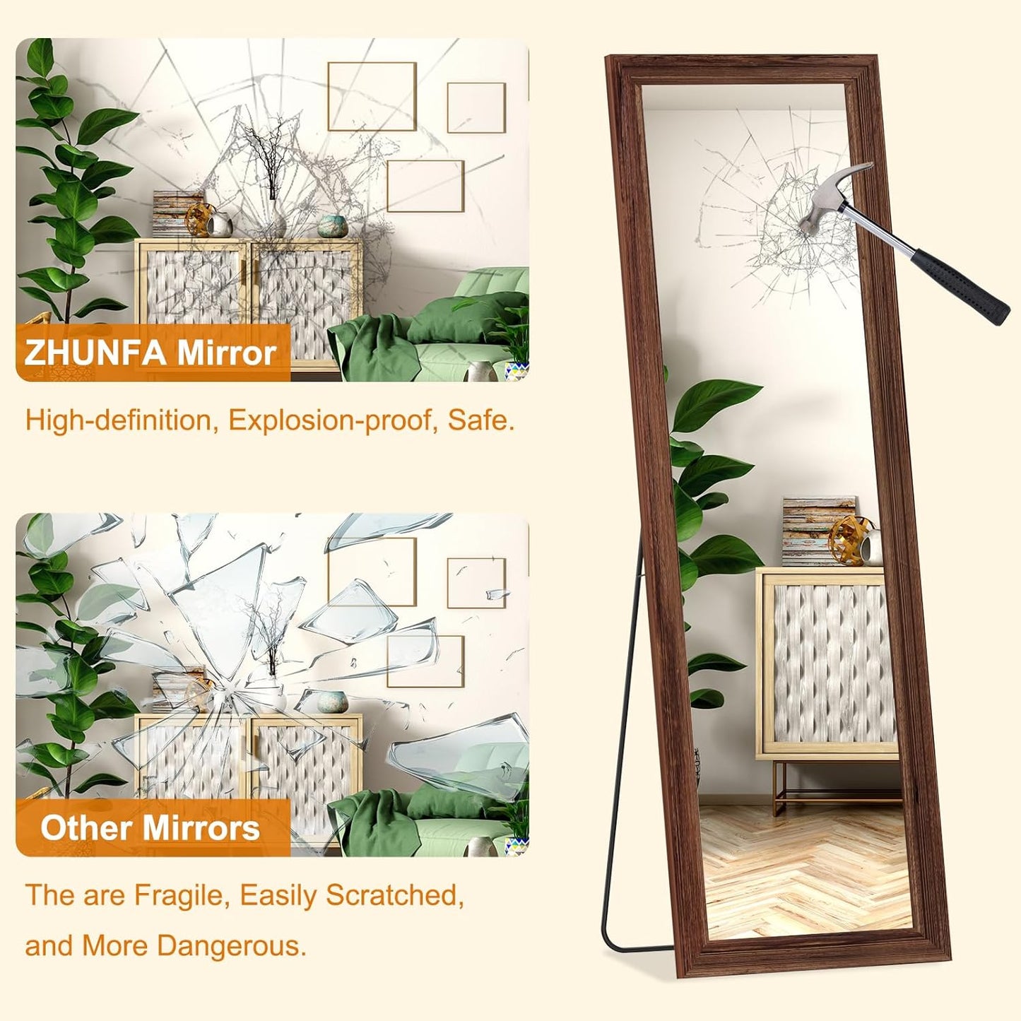 ZHUNFA Full Length Mirror, 71x32 Inch Full Length Mirror Wall Mounted | Vertical Hanging, Leaning Standing for Bedroom, Living Room, Rectangular Wooden Frame, Log Color.