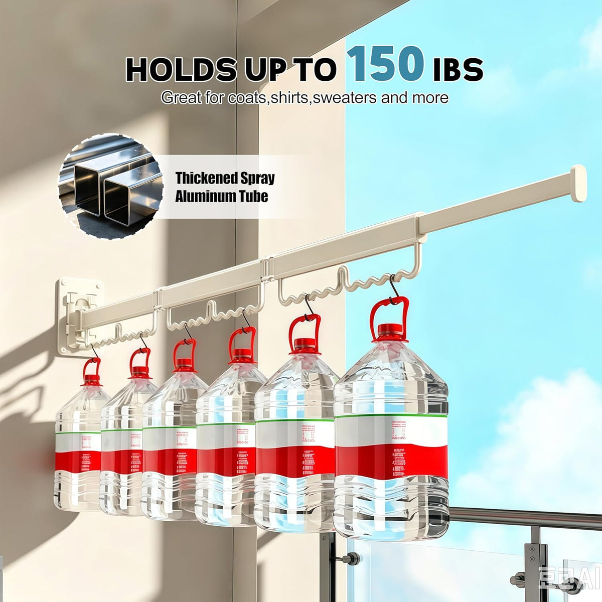 Wall Mounted Drying Rack, Foldable and Expandable, Milky White, with 30 Hooks, for Laundry Room, Balcony, Bathroom