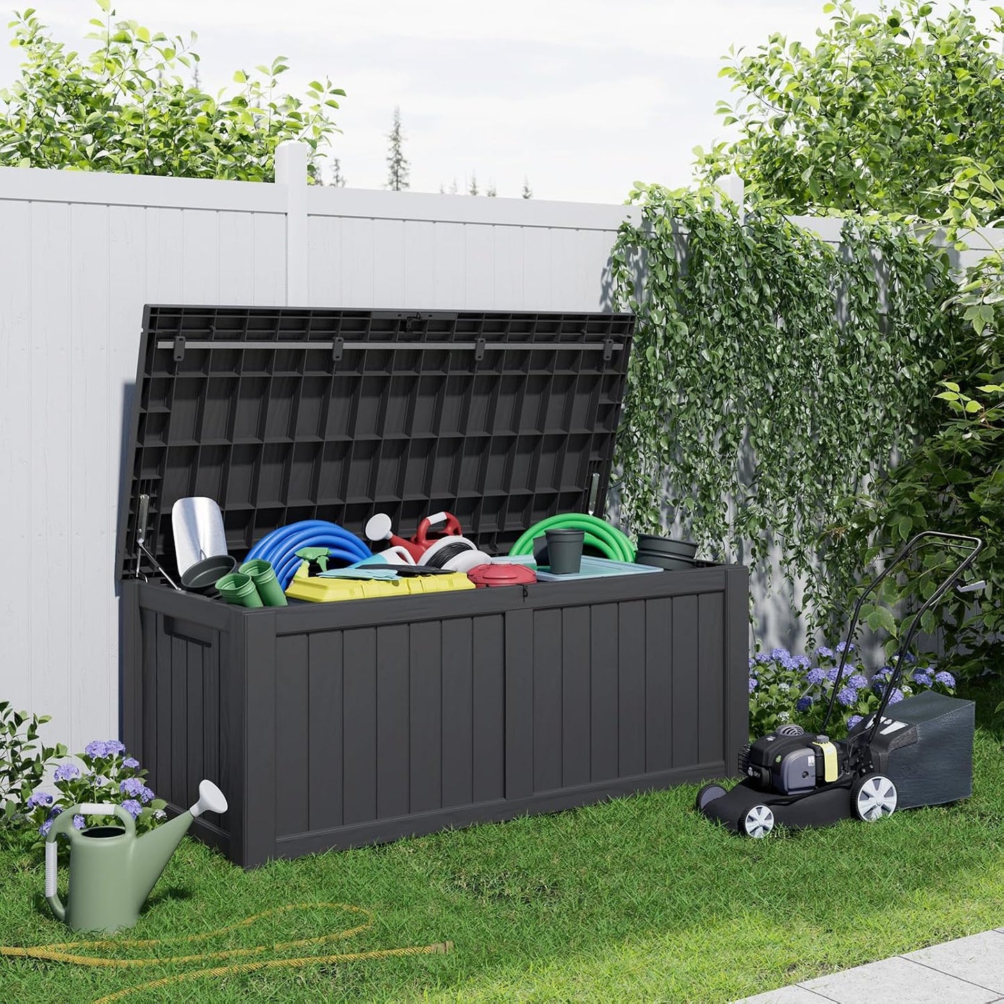 PatioZen 100 Gallon Resin Deck Box, Lockable Patio Outdoor Storage Box for Furniture, Garden Tools and Tools Storage, Waterproof Outside Storage Boxes - Black