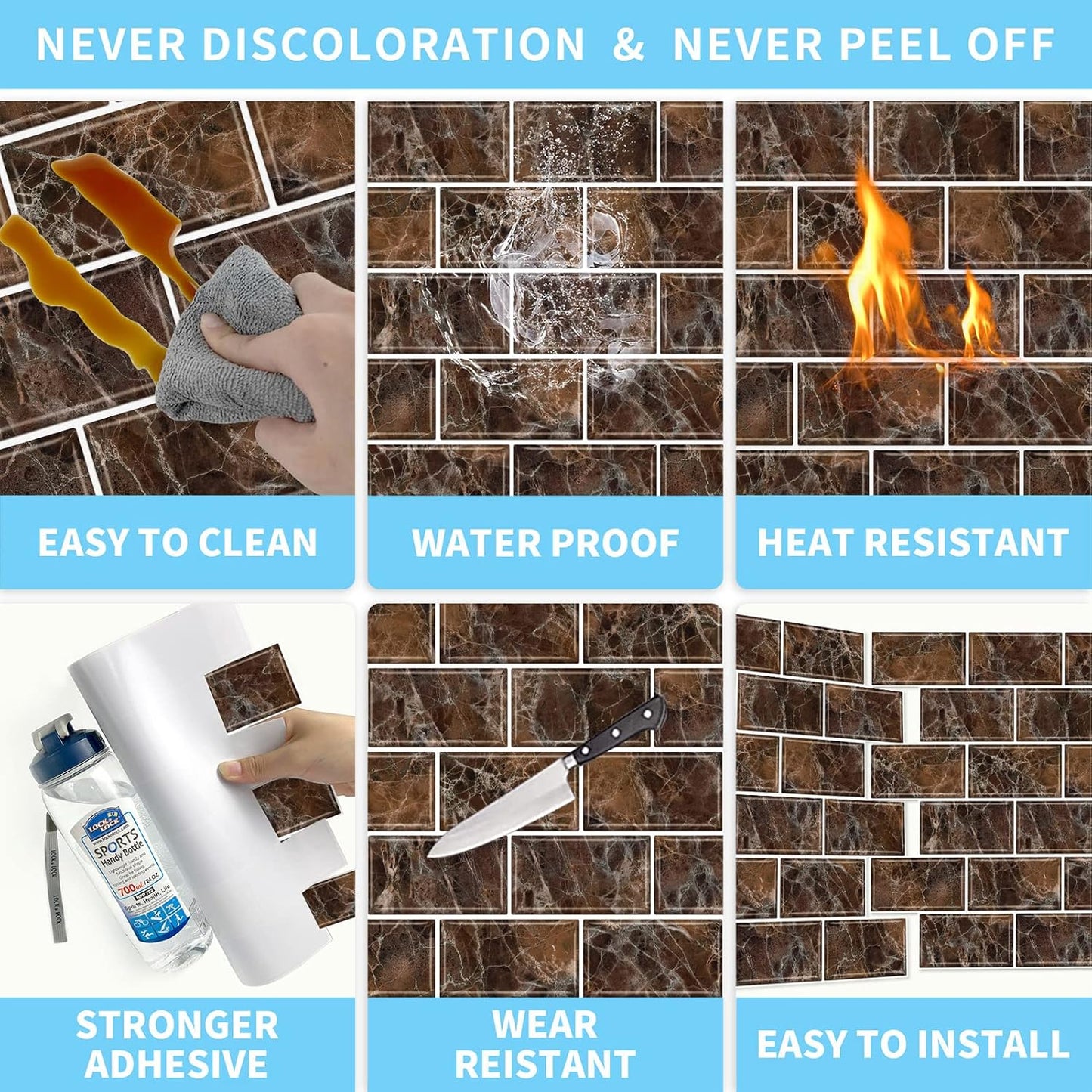 URCOLOR 10-Sheet Stick on Backsplash for Kitchen,12"x12" Peel and Stick Self Adhesive Wall Tiles Back Splashes for Bathroom Brown Marble Look