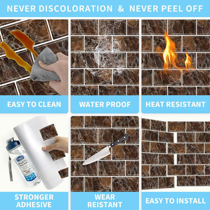 URCOLOR 10-Sheet Stick on Backsplash for Kitchen,12"x12" Peel and Stick Self Adhesive Wall Tiles Back Splashes for Bathroom Brown Marble Look