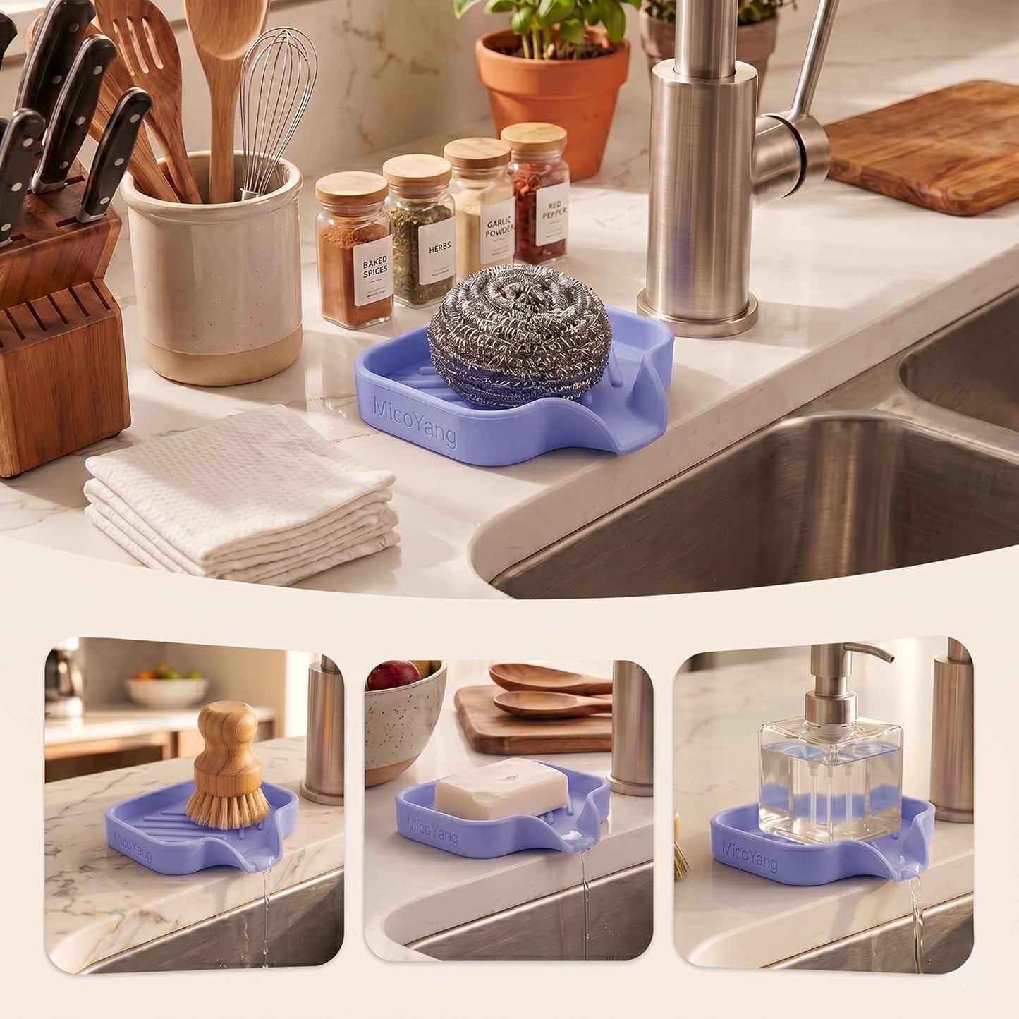 MicoYang Silicone Bathroom Soap Dishes with Drain Spout-Bathroom and Kitchen Sink Organizer,Sponge Holder,Dish Soap Tray,Perfect for Dispenser,Scrubber,Bottle,Cup on Sink or Counter-Coffee 4.9"×3.2"
