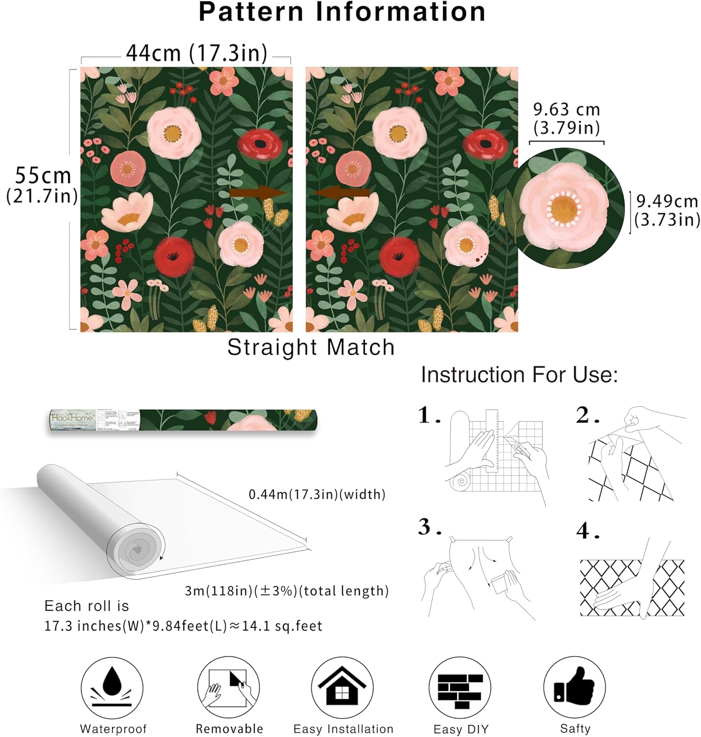 HAOKHOME Floral Peel and Stick Wallpaper Boho Vintage Wall Paper Removable for Bathroom Nursery Beige/Pink/Red Contact Paper 17.3in x 9.8ft