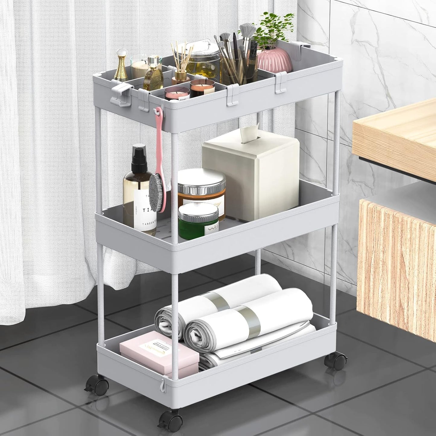 SPACELEAD 3 Tier Rolling Cart with Wheels, Storage Craft Art Trolley Organizer Serving, 3 Hanging Baskets Easy Assembly, for Office, Bathroom，Living Room, Kitchen, White