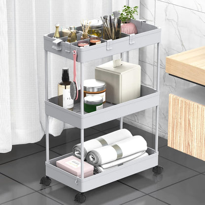 SPACELEAD 3 Tier Rolling Cart with Wheels, Storage Craft Art Trolley Organizer Serving, 3 Hanging Baskets Easy Assembly, for Office, Bathroom，Living Room, Kitchen, White