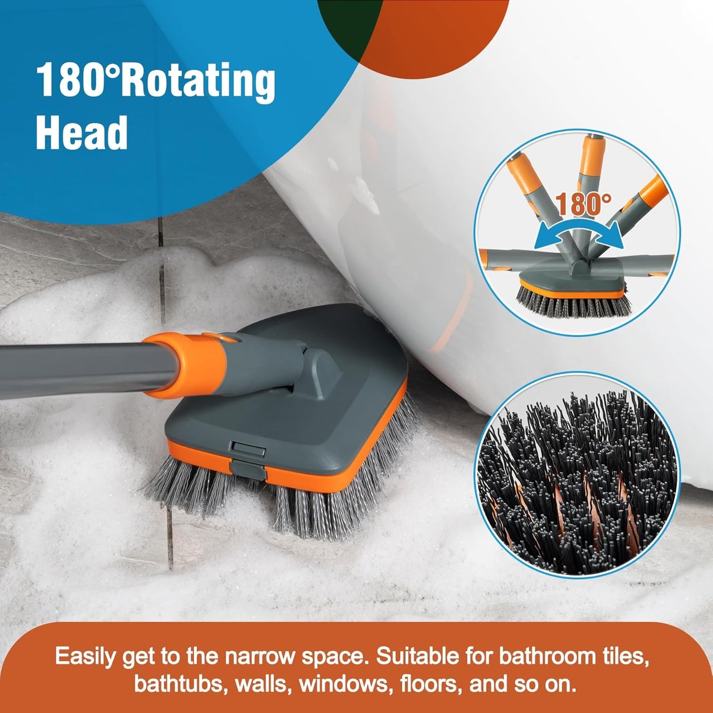 CLEANHOME Floor Scrub Brush Tile Tub Scrubber Brush with 4 Different Cleaning Heads, Shower Brush with 56” Extendable Long Handle, Scrubbers for Cleaning Kitchen, Bathroom, Tub, Tile, Wall