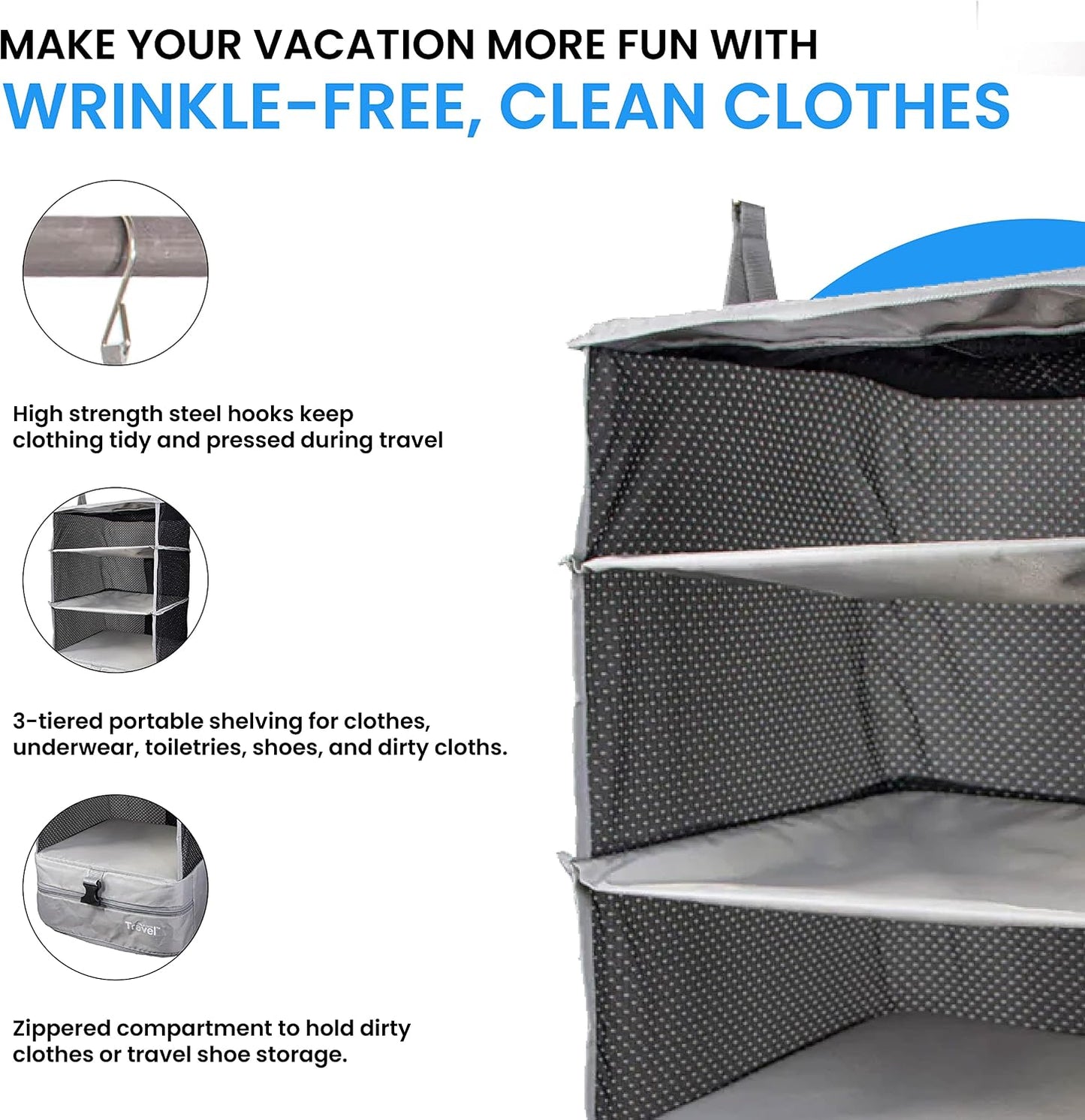 Grand Fusion Stow-N-Go Hanging Travel Shelves, Packing Organizer for Luggage. Carry on Closet for Suitcase. Expandable Packing Cube. Travel Essentials. (Black - L, L = (L) 11.8" x (W) 11.8")