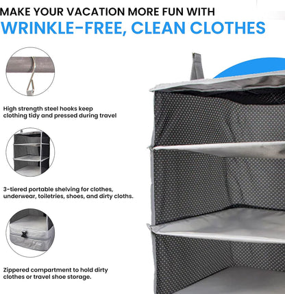 Grand Fusion Stow-N-Go Hanging Travel Shelves, Packing Organizer for Luggage. Carry on Closet for Suitcase. Expandable Packing Cube. Travel Essentials. (Black - L, L = (L) 11.8" x (W) 11.8")