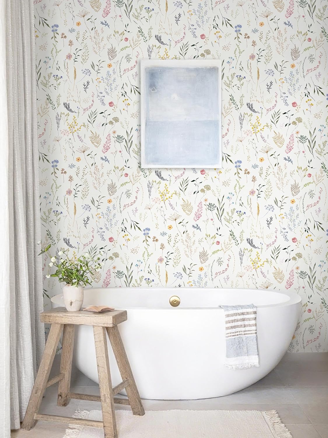 Dimoon 17.3''x78.7'' Vintage Peel and Stick Wallpaper Boho Beige Neutral Contact Paper White Floral Bird Wallpaper Removable Botanical Renter Friendly Modern Wall Paper Bedroom Bathroom Vinyl Roll