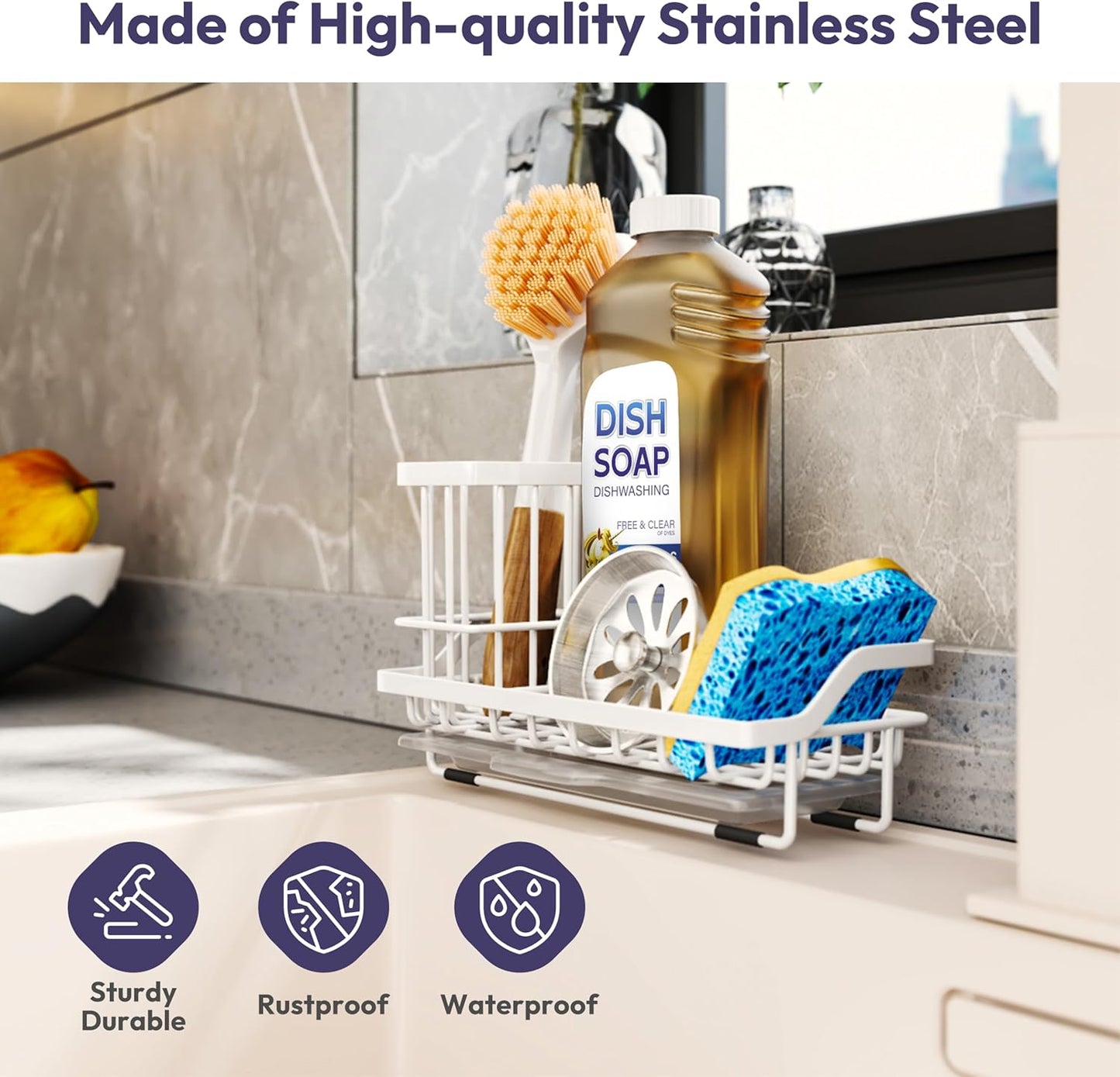 SWTYMIKI Sink Caddy Sponge Holder - Kitchen Sink Organizer with High Brush Holder for Countertop to Hold Dish Soaps and Sponges, Stainless Steel, Black